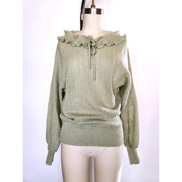 Vintage Green Wool Blend Sweater - Balloon Poet Sleeves - 80s 90s Italian XS S - Picture 4 of 10
